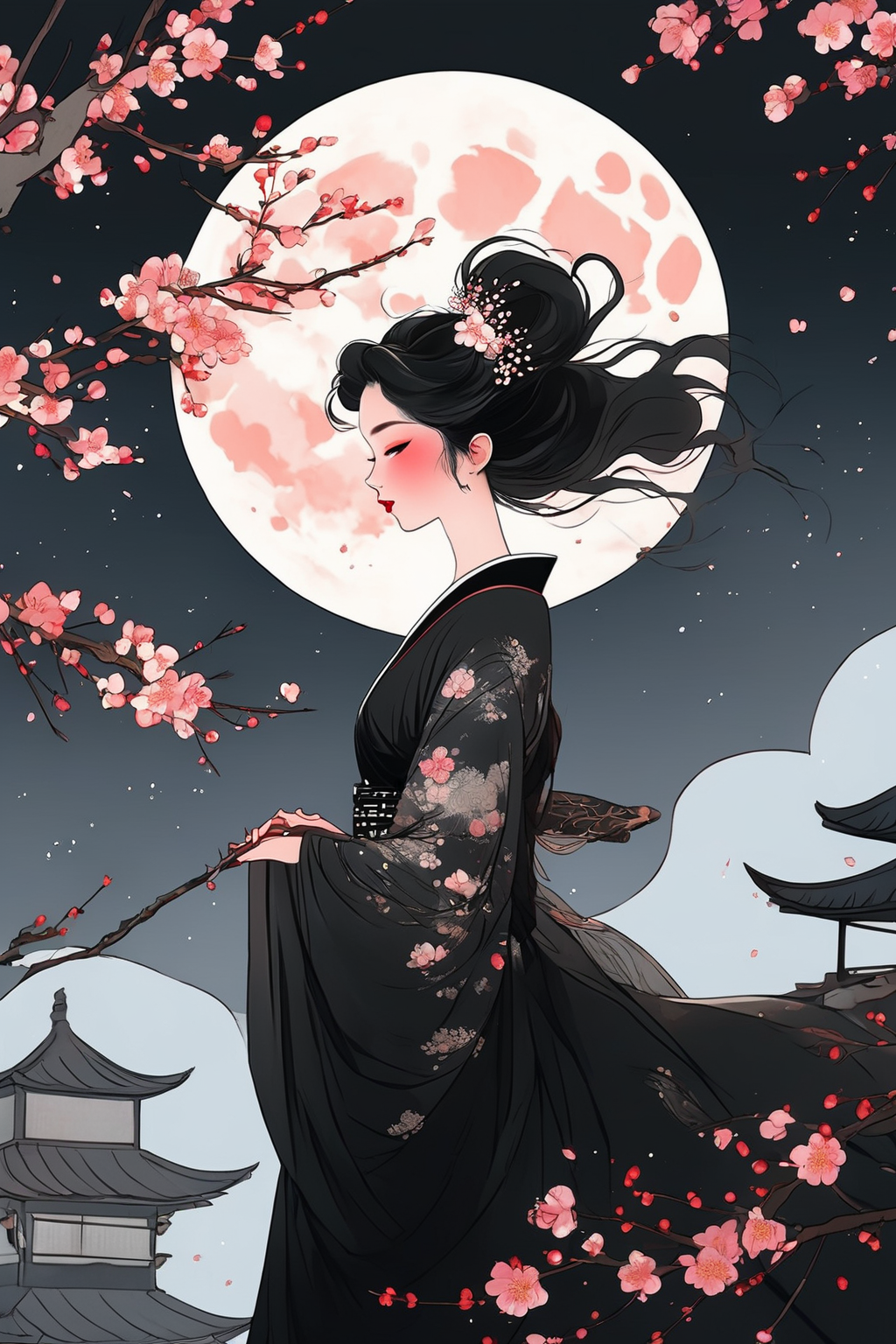 04135-76324976-a woman with a black dress and a cherry blossom tree in front of a full moon with pink flowers,_moon,full_moon,cherry_blossoms,1.png